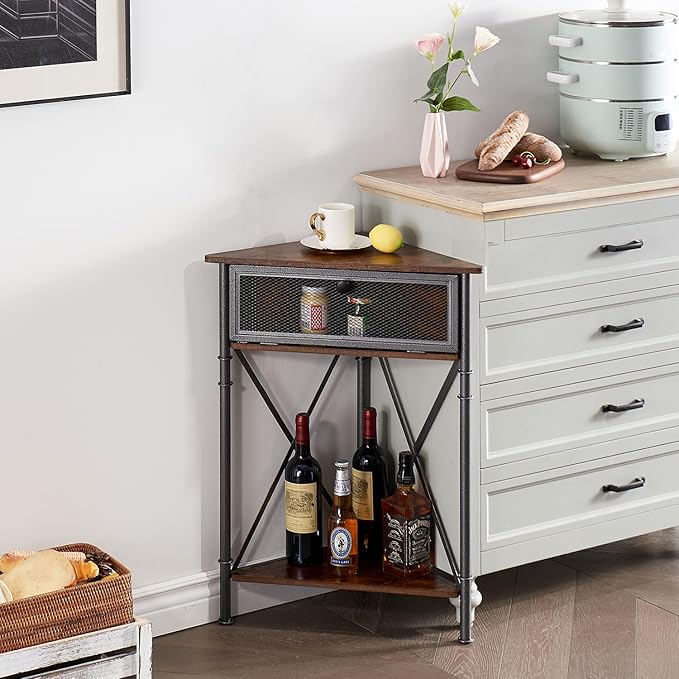 VECELO Cabinet/Table, 3-Tier Display Shelves with Protection Door, Metal Frame Storage Shelf Organizer for Small Space, Living Room, Kitchen, Bathroom, Set of 1, Brown+Black
