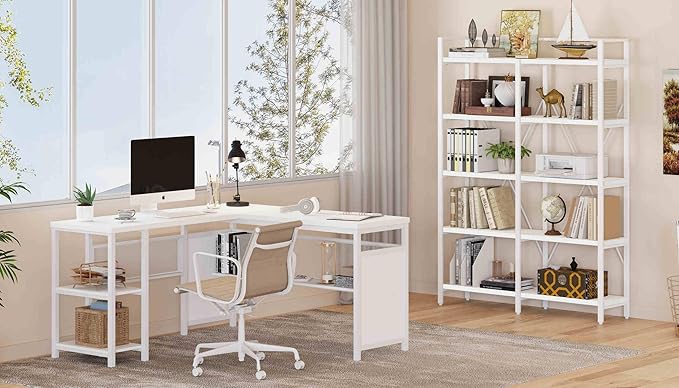 FATORRI Bookshelves and Bookcases, 5 Tier Tall Wood Metal Bookshelf, 51in Wide Bookcase Modern Shelving Unite for Home Office, Living Room, Bedroom (White Oak)