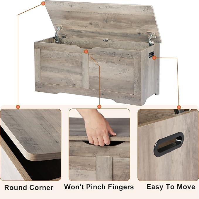 39.4" Storage Chest, Wooden Storage Bench, Lift Top Toy Chest with 2 Safety Hinges, Large Toy Box, Entryway Bench for Living Room, Bedroom, Grey