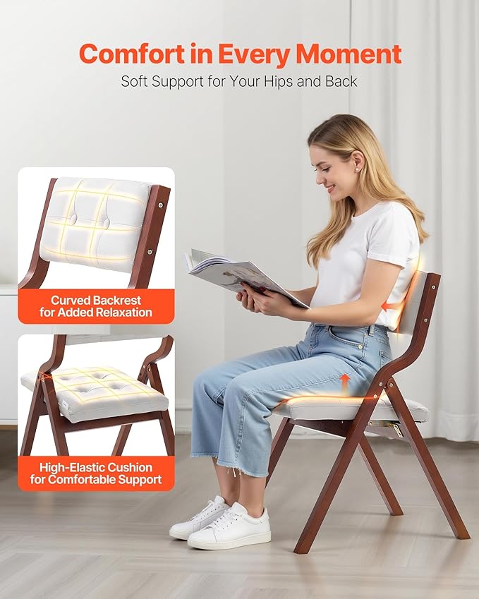 VEVOR Wooden Folding Chairs with Cushion, Set of 4, Portable Foldable Cushion Chair with Wooden Frame, Modern Padded Dining Chair for Kitchen, Office, Wedding, Party, Dining Room, Easy Assembly, White