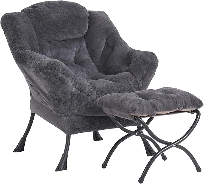 LITA Lazy Chair with Ottoman, Modern Accent Leisure Upholstered Sofa Chair, Lounge Reading Chair with Armrests and a Side Pocket for Living Room, Bedroom & Small Space, Plush Navy