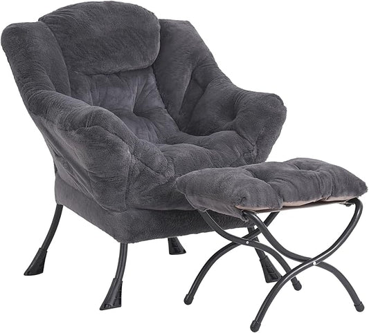 LITA Lazy Chair with Ottoman, Modern Accent Leisure Upholstered Sofa Chair, Lounge Reading Chair with Armrests and a Side Pocket for Living Room, Bedroom & Small Space, Plush Navy
