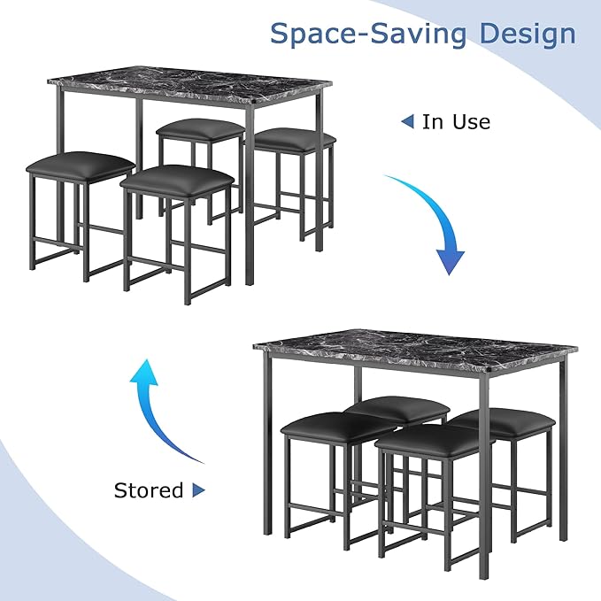 VECELO Kitchen Table and Chairs for 4, Dining Room Set with PU Chairs/Stools, Heavy-Duty Metal Frame, Faux Marble Tabletop, Space-Saving Design for Small Spaces, Easy Assembly, Elegant Black