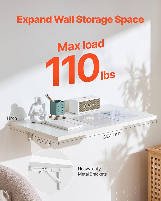 VEVOR Wall Mounted Folding Table, 35.4 x 19.7 inches Wall Mount Table, Floating Desk with Iron Bracket for Small Spaces, Home Office, Dining, Laundry Room, Kitchen, Bar, White
