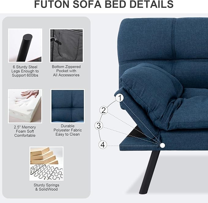Vipbear Futon Sofa Bed Couch, 71" Convertible Sofa Bed, Space-Saving Loveseat with Adjustable Backrest & Armrest for Living Room,Apartment,Office,Blue Sleeper Sofa
