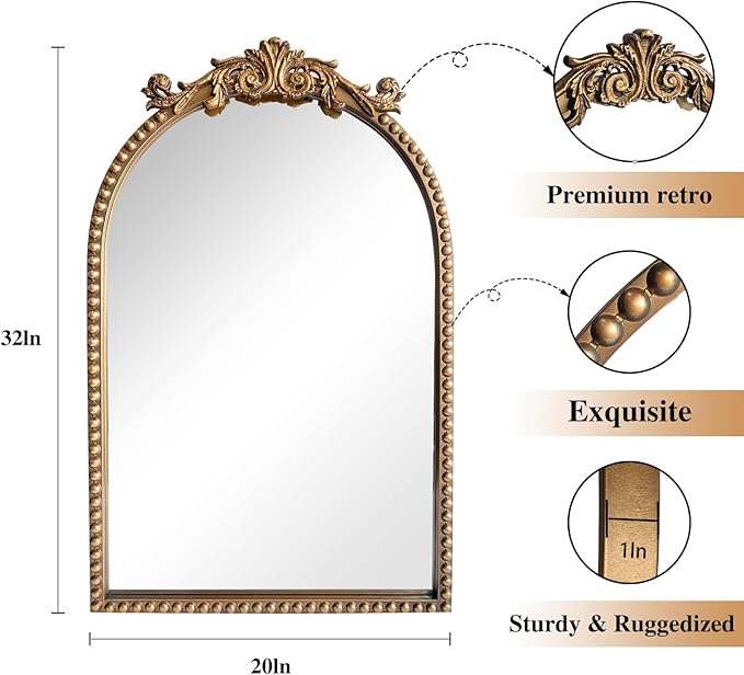 ironsmithn Gold Arched Mirror, 20"x32" Ornate Beaded Frame Mirror, Metal Decorative Accent Mirrors for Fireplace Bedroom Bathroom Living Room Entryway