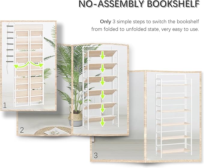4NM No-Assembly 6 Tiers Folding Bookshelf Storage Shelves Vintage Bookcase Standing Racks Study Organizer Home Office (Natural White)