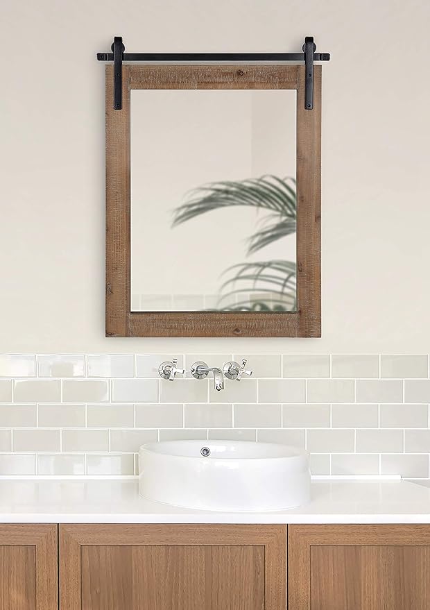 Kate and Laurel Cates Rustic Wall Mirror, 22" x 30" Rustic Brown, Farmhouse Barn Door-Inspired Wall Decor