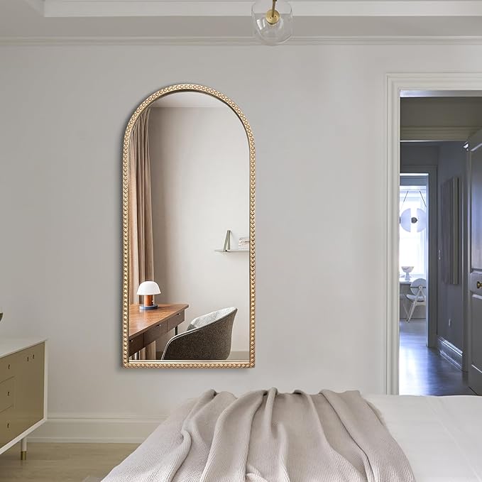 Gold Arched Mirror, 22"x47" Arch Vanity Mirrors for Bathroom, Decorative Accent Mirror with Metal Beaded Frame, Large Vintage Mirrors for Fireplace Bedroom Entryway Hallway Living Room