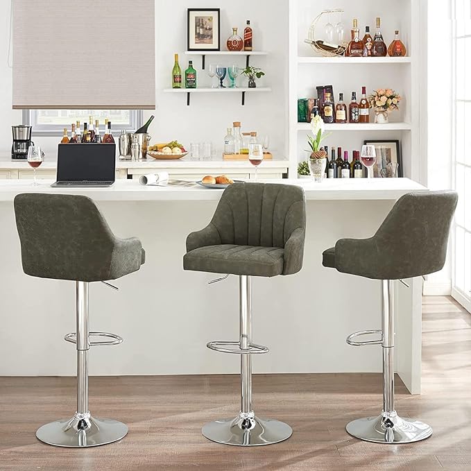VECELO Bar Stools Set of 2, Adjustable Barstools, Counter Height Stools with Back and Arm, Kitchen Island Stools, Swivel PU Leather Chairs for Pub, Dining Room, Modern Style, Dark Grey
