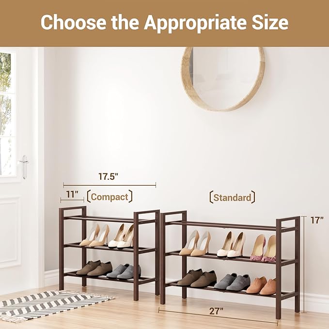 Haddockway Bamboo Shoe Rack for Closet, Free Standing Shoe Organizer with Smooth Round Rods & Convenient Handles, Stackable Shoe Storage Shelf for Entryway, Hallway(Brown, 3-Tier(Small))