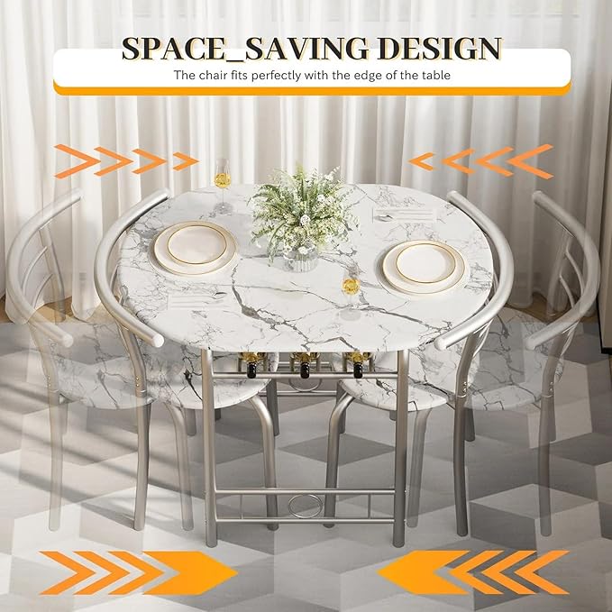Shahoo 3-Piece Wooden Dining Table Set, Kitchen Breakfast Nook Sets with 2 Chairs & Round Tabletop, Space Saving Furniture Metal Frame and Built-in Wine Rack, Marble White