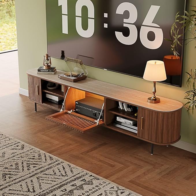POVISON Fully-Assembled Mid Century Modern Black TV Stand with White Matte Travertine Stone Tabletop & LED Lights, Rolling Door Media Console, Wood TV Console for Living Room