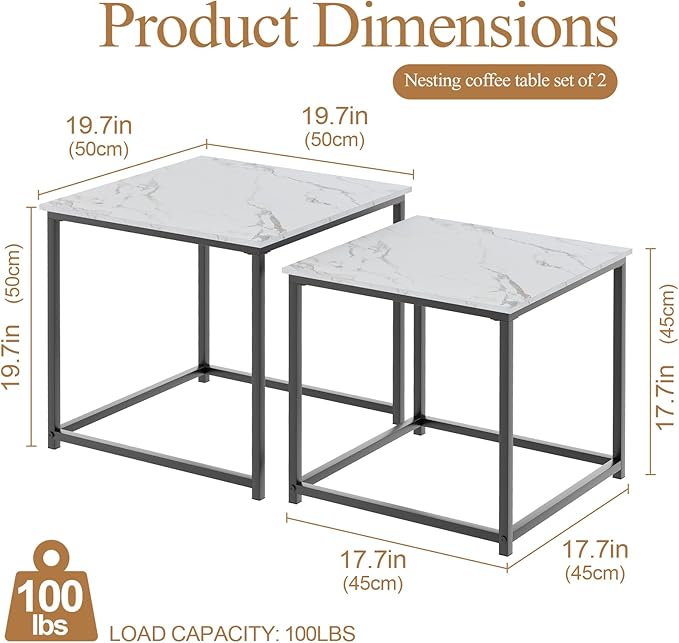 Garden 4 you Coffee Table Set of 2, Modern Faux Marble Nesting Table, Metal Frame Square Center Table Set, Side Tables, Nesting Coffee Table for Living Room, Bedroom and Small Spaces, 19.7in Black