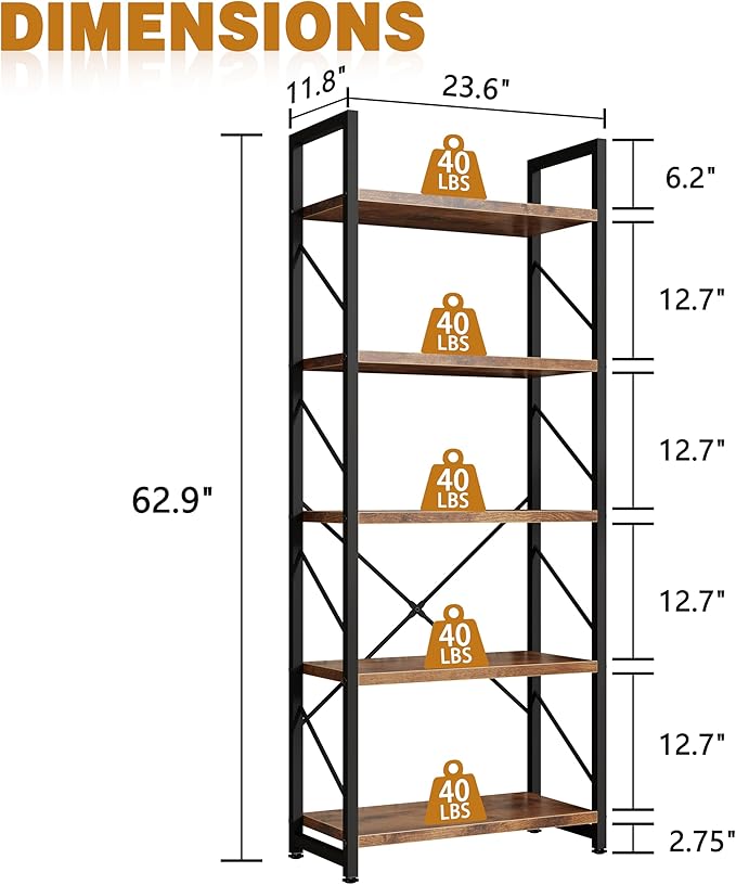 Bookshelf, 5 Tier Bookshelves, Home Office Bookcase Shelf Storage Organizer, Free Standing Storage Shelving Unit for Bedroom, Living Room and Home Office,Rustic Brown