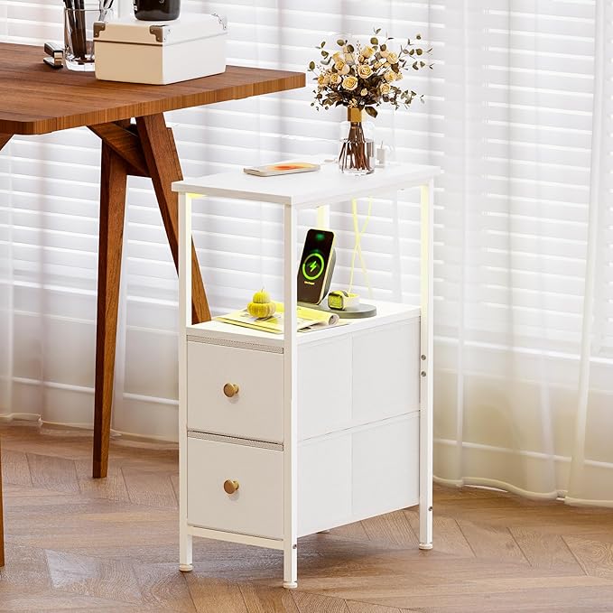 Fixwal Narrow Side Table with Charging Station and LED Light, Skinny Nightstand with 2 Fabric Drawers, Slim End Table for Bedroom, Dorm, Small Space, White