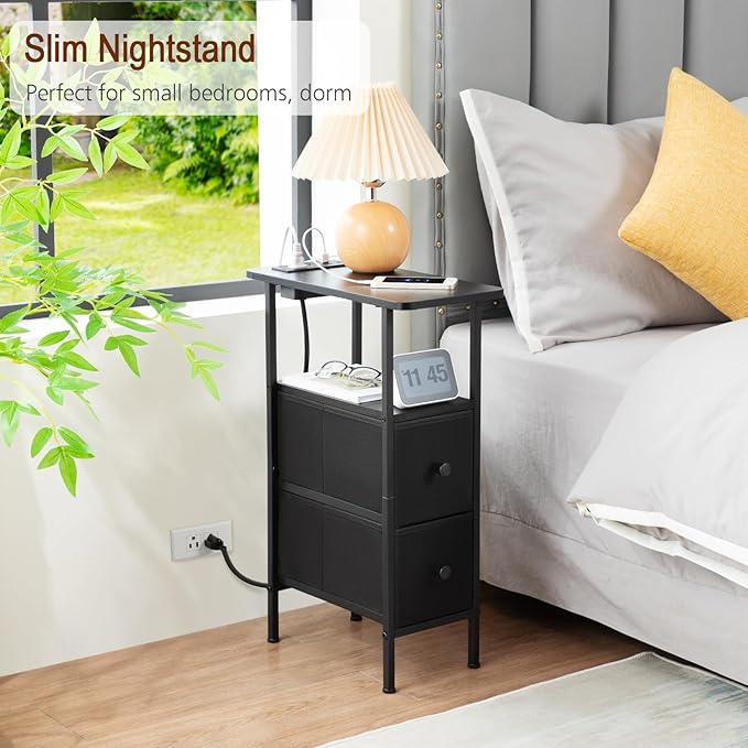Narrow End Table Living Room with Charging Station, Skinny Side Table with Fabric Drawers, Slim Nightstand for Bedroom, Small Spaces, Couch, Black, HETNDP02BK-1