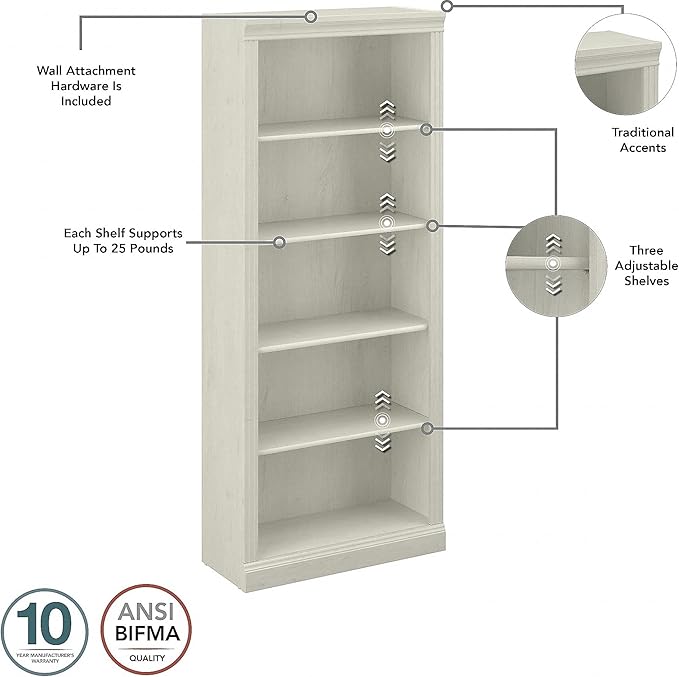 Bush Furniture Saratoga Tall 5 Shelf Bookcase in Linen White Oak, Home Office Organizer, Vertical Storage Solution for Books and Office Supplies, Tall Bookshelf