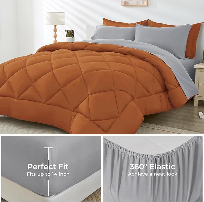 HEVUMYI Queen Comforter Set - 7-Piece All Season Bed in a Bag Queen, Ultra Soft Bedding Set with Comforter, Flat Sheet, Fitted Sheet, Pillowcases, Pillow Shams, Orange & Light Grey