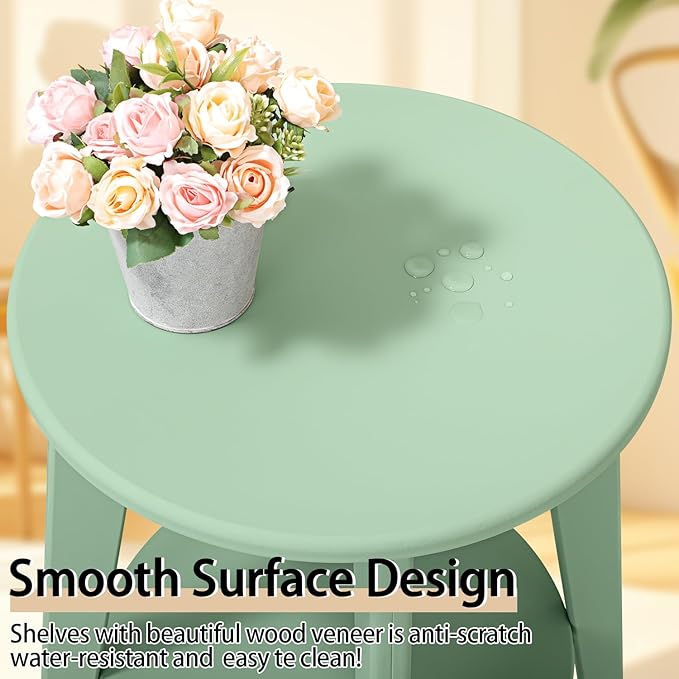 Round Side Table Green Wooden End Table with Lower Shelf Rustic Vintage Nightstand Beside Table for Living Room Bedroom Small Spaces