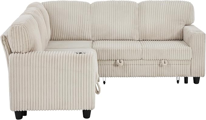 Ball & Cast Modular Sectional Sleeper Sofa Bed,L-Shaped Couch W/Pull Out Bed and USB Charging,Cupholders&Storage Seats,Convertible Sleeper Sofa Beds for Living Room,Apartment,Corduroy Fabric,Beige,81"