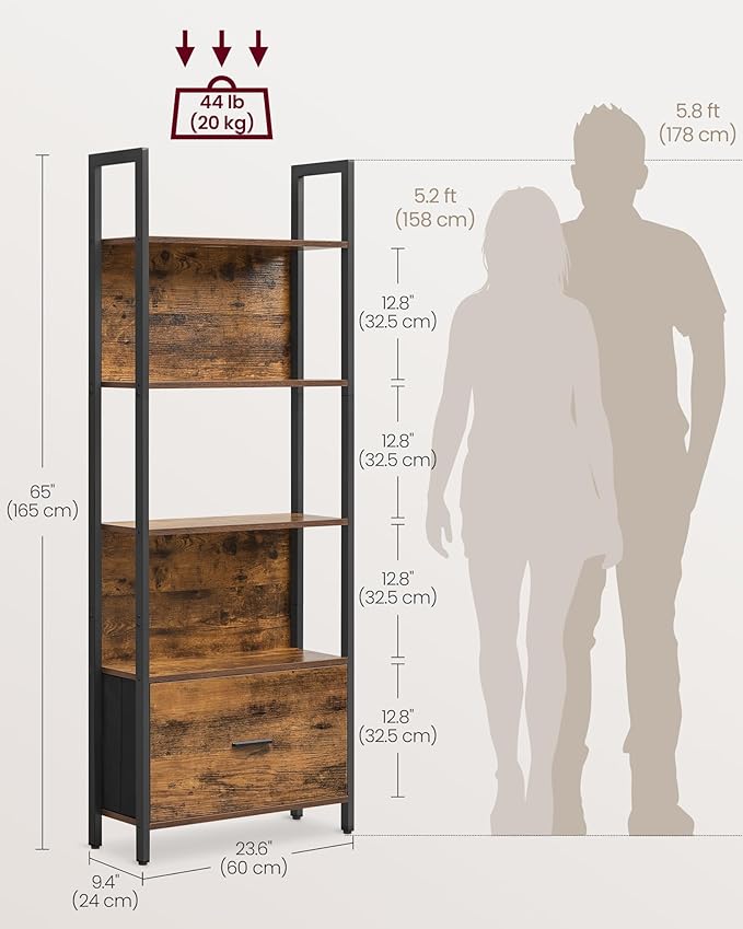 VASAGLE 5-Tier Bookshelf, Book Shelf with Drawer, Industrial Bookcase, with Steel Frame, for Living Room, Home Office, Bedroom, 9.4 x 23.6 x 65 Inches, Rustic Brown and Black ULLS147B01