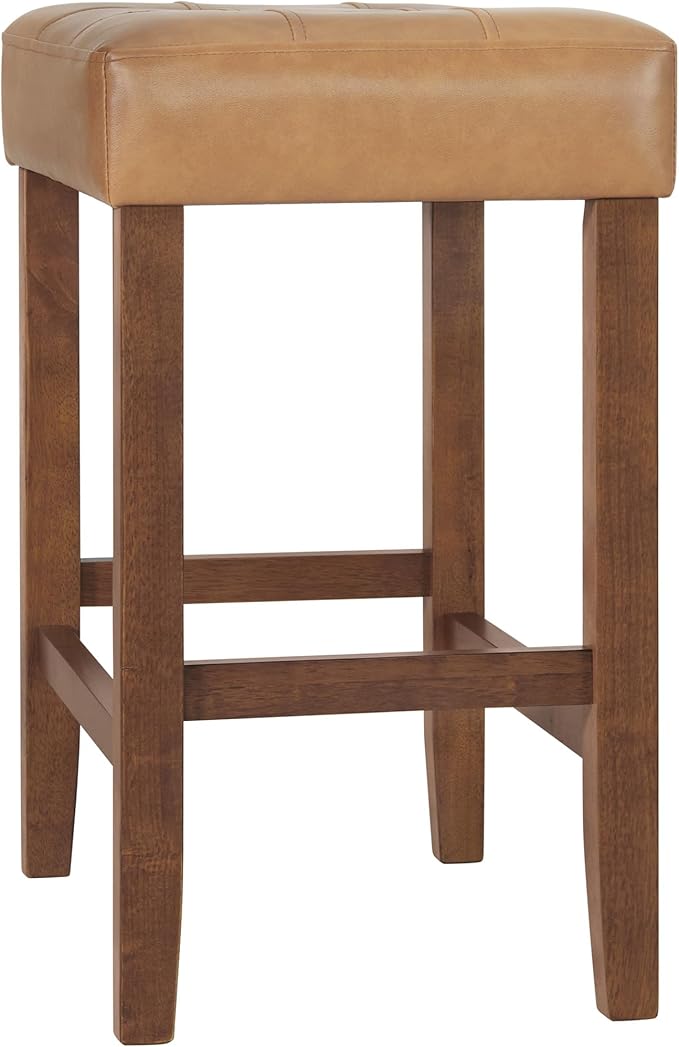 Alaterre Furniture Madison 25-Inch Bar Stool with Faux Leather Seat - Counter Height Stool for Kitchen Island or Bar - Backless Barstools (Cognac/Walnut)