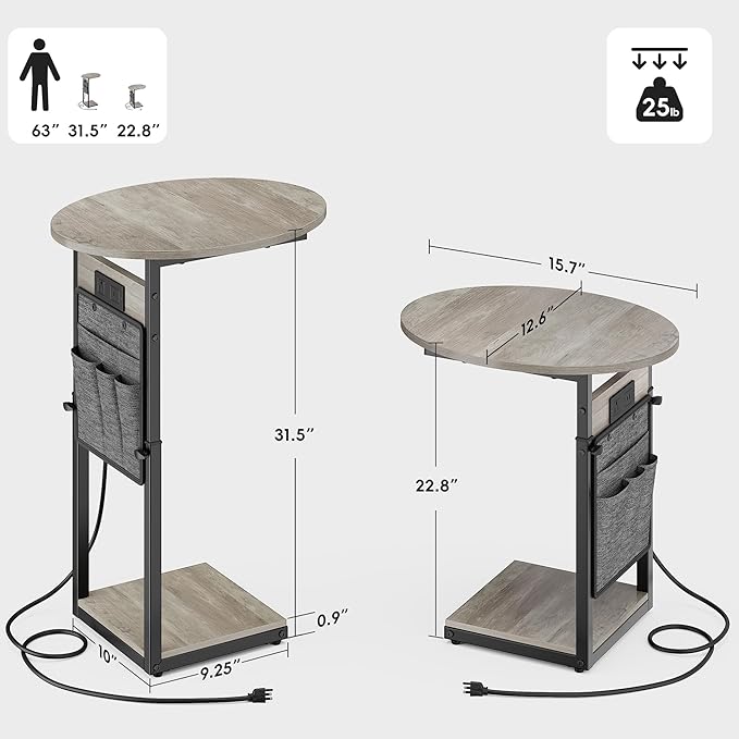 Vagusicc C Shaped End Table with Charging Station, 32" Tall Side Table for Couch and Recliner, Adjustable Height Small Couch Side Table Slide Under Sofa TV Tray Table for Living Room, Bedroom, Greige