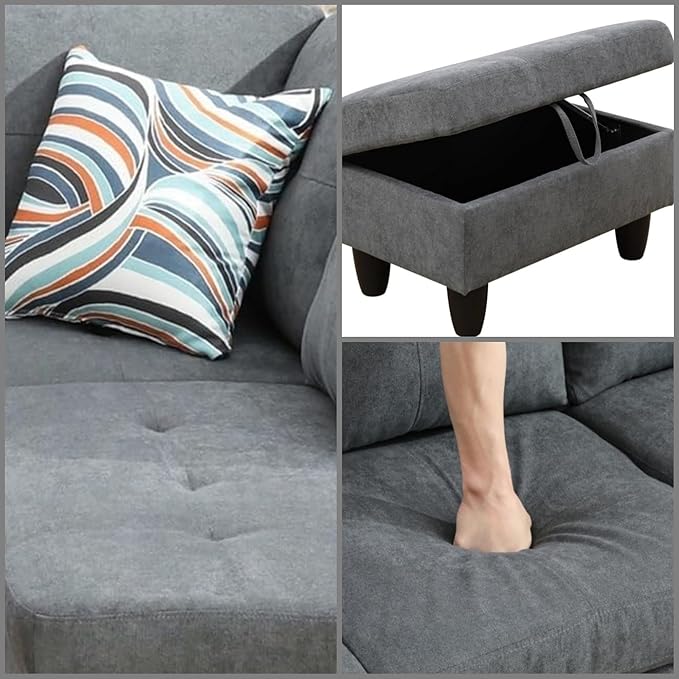L Shaped Sectional Couches, Modern Modular Sectional Sofa for Living Room Bedroom Furniture, Comfortable 4 Seat Couch with Ottoman Storage & Chaise, Gray