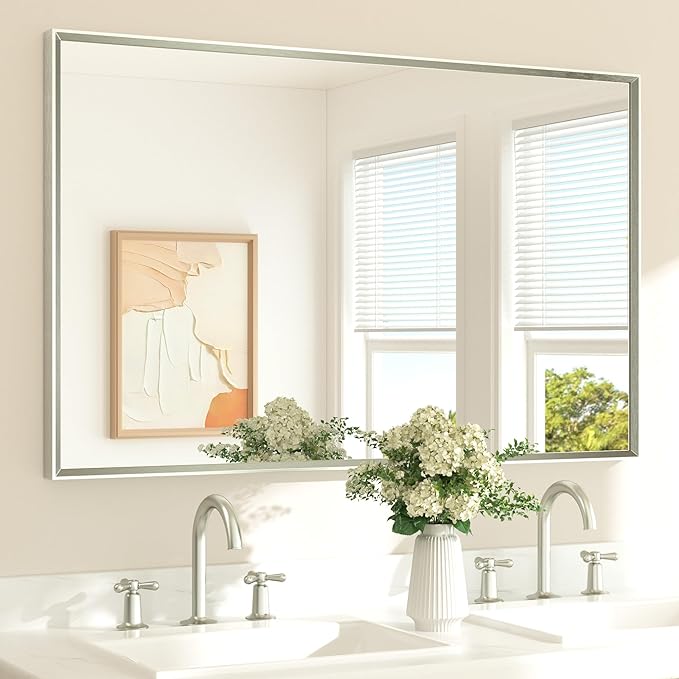 TETOTE Brushed Nickel Bathroom Mirror 48" x 30" Beveled Frame Rectangle Bathroom Vanity Wall Mirror for Over Sink, Tempered Glass, Stronger Frame, Modern Farmhouse Bedroom, Entryway, Living Room