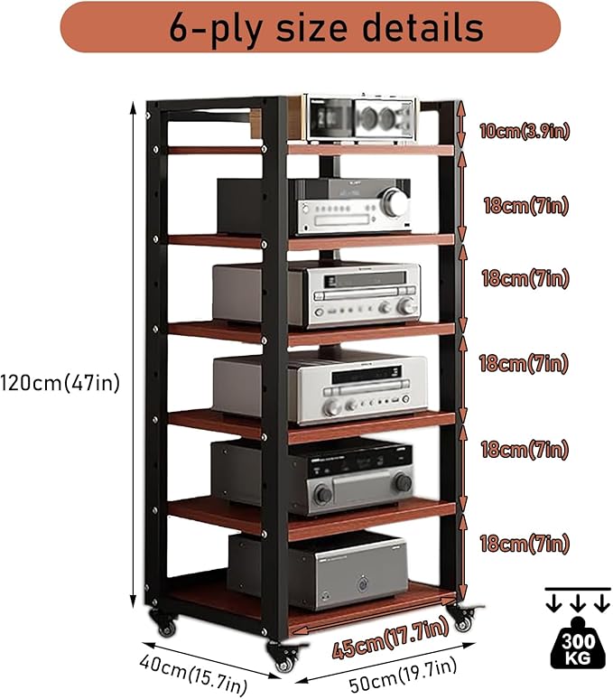 6 Tier Audio Rack Tower, CD Record Player Stereo Receiver AV Equipment Cabinet Display Rack, Weight capacity 661 lbs, with Adjustable Wooden Shelves for Home (TEAKWOOD, 6 TIER 47×19.7×15.7IN)