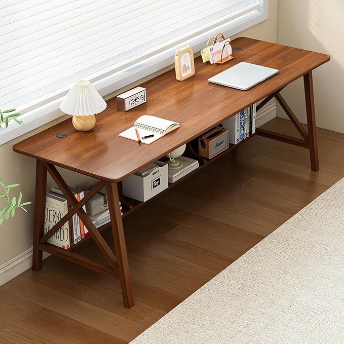 Extra Long Desk with Bookshelf - Wooden Home Office Work Study Table, 2-Person Writing Computer Workstation with Storage Shelf in Walnut, 71" Wx24 Dx30 H