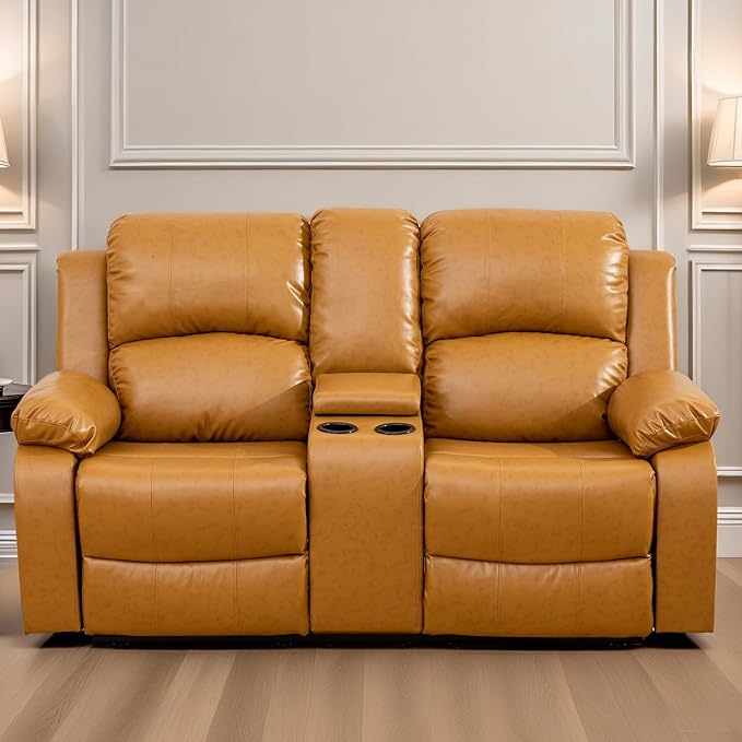 Loveseat Recliner Sofa, Reclining Loveseat Leather Couch with Storage Console, Modern Comfy Home Theater Seating Power Recliner Chair with Cup Holders for Living Room Furniture Sets, Orange
