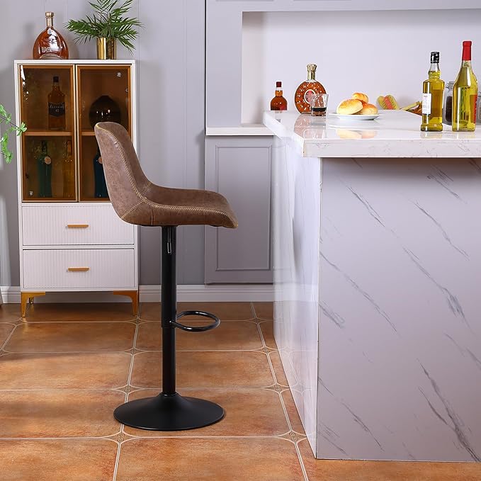 Bar Stools, Swivel Counter Height Barstools with Back, Adjustable Modern Bar Chairs, Tall Armless PU Leather Kitchen Island Stool (Brown, Set of 4)