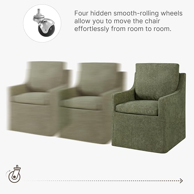 Upholstered Dining Chairs with Casters Easy Assembly Side Deskchair with Rollers for Diningroom Living Room, Green, 1 Box
