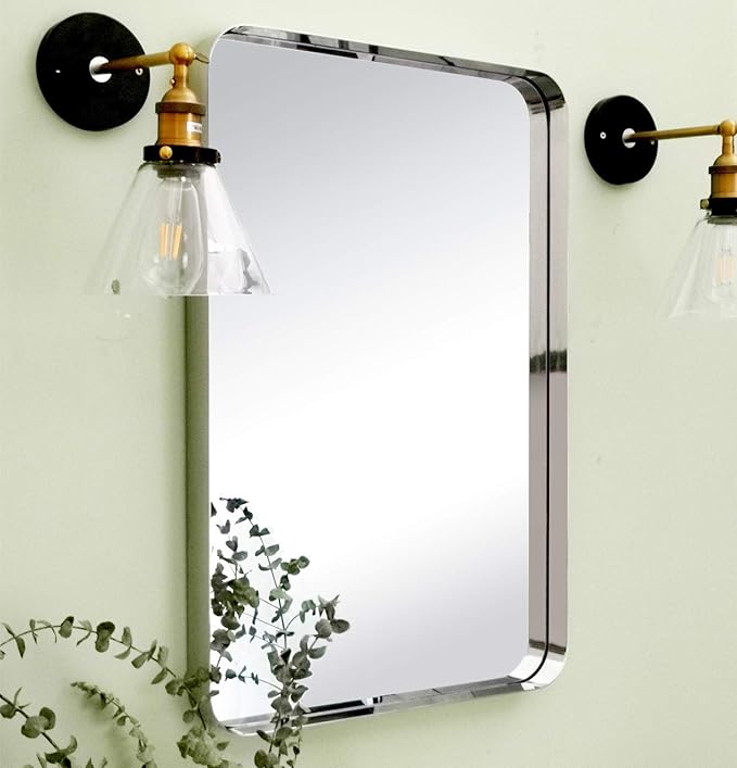 TEHOME 24x36 inch Chrome Metal Framed Bathroom Mirror for Wall in Stainless Steel Chrome Rounded Rectangular Bathroom Vanity Mirrors Wall Mounted…
