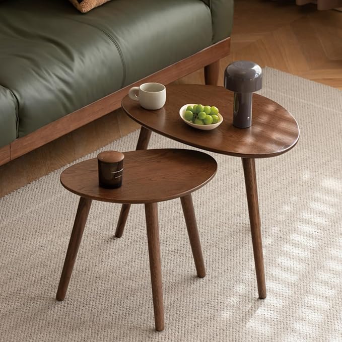 Small Oval Nesting Table, Mid Century Coffee Tables for Living Room,Solid Oak Wood Side Table,Triangle Tabletop with 3 Legs,Minimalist Display End Tables (Walnut Color, Combine)