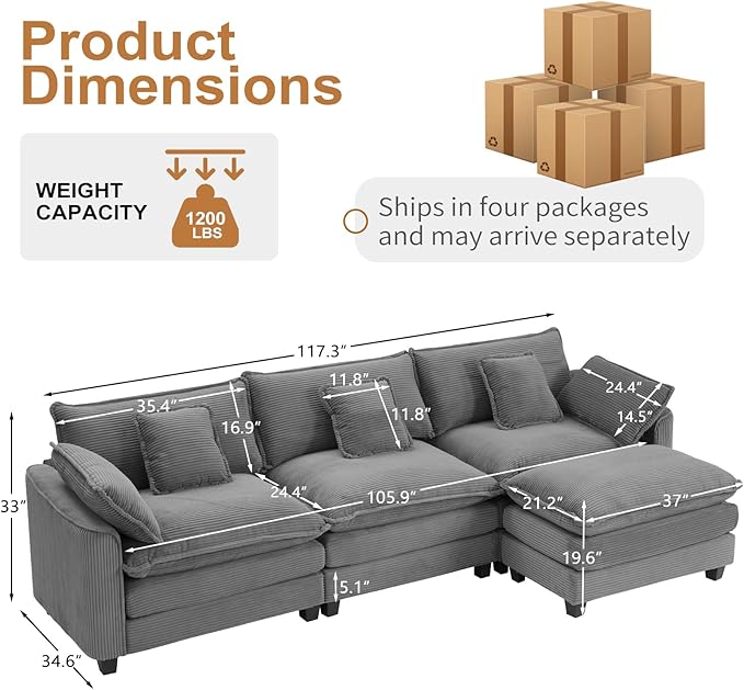 Furniliving 117‘’ L-Shaped Sofa, Luxury Corduroy Modular Sectional Couches with Ottoman, Upholstered Deep Seat Sleeper Sofa with Memory Foam and Waist Pillows, Grey