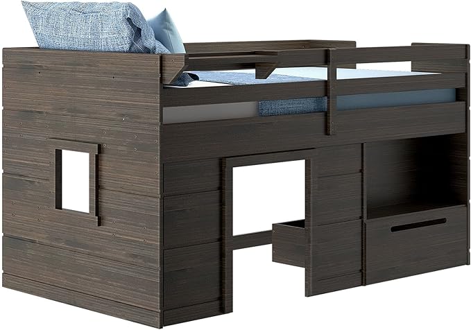 Max & Lily Loft Bed Twin Size, Solid Wood Low Loft Bed with Storage Drawer and Ladder, Modern Farmhouse Loft Bed for Kids, Barnwood Brown