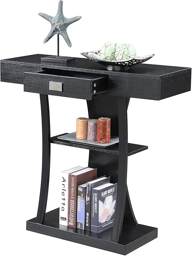 Convenience Concepts Newport Harri Console Table 36" - Modern Sofa Table with Storage Shelves, One Drawer Narrow Entryway Hall Table for Living Room, Black