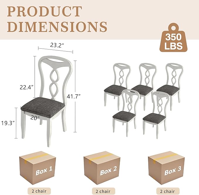 Solid Wood Dining Chair Set of 6, Kitchen Dining Room Chair with Upholstered Cushion & Wooden Legs, Modern Wood Side Chairs for for Kitchen, Washed Gray
