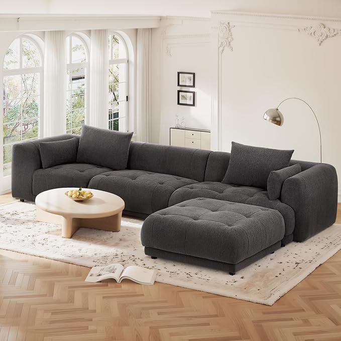 COLAMY 144" Modular Sectional Chenille Couch with Ottoman, Cloud Sectional Sofa Set with Ottoman,for Living Room(Gray)