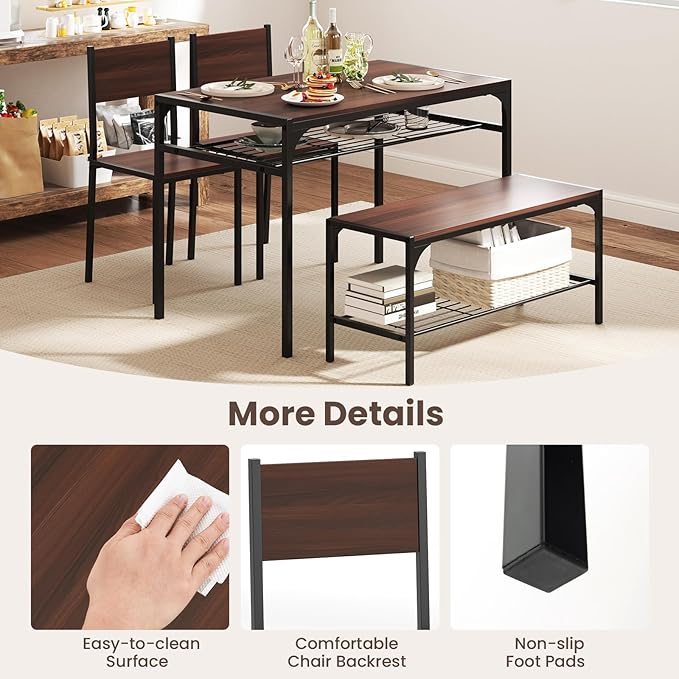 Tangkula Dining Table Set for 4, Kitchen Table and 2 Chairs for 4 with Bench, Additonal Storage Rack, 4 Piece Dining Table Set for Small Space, Apartment