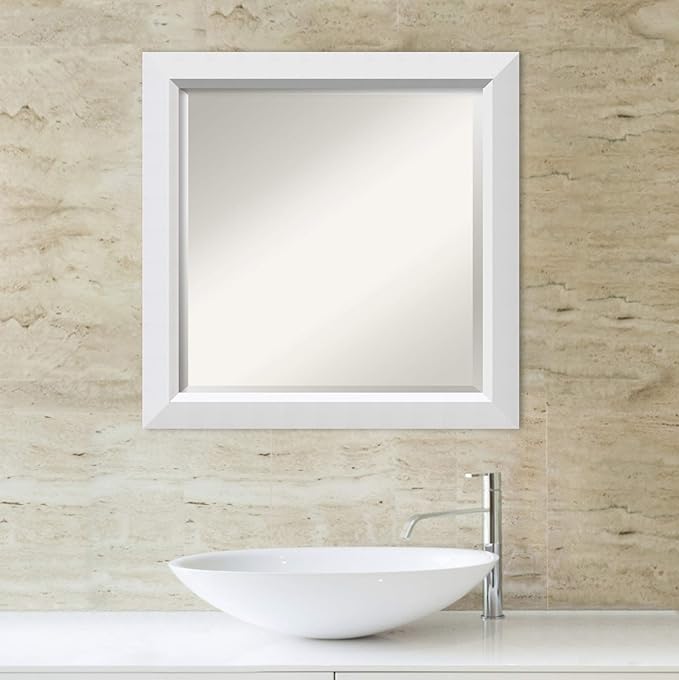 Amanti Art White Bathroom Mirror for Over Sink, 24x24 Blanco White Square Vanity Mirror, Medium Modern Contemporary Wood Frame, Hangs Horizonally and Vertically, Bathroom Wall Decor, Beveled Edge