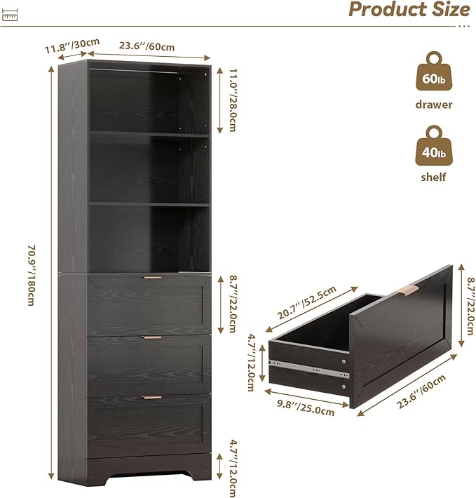 Modern Black Bookshelves and Bookcases with Drawers, 6 Tier Tall Bookshelf with Drawers, Industrial Wood Bookcase, Floor Standing Display Case with Storage,Living Room,Office