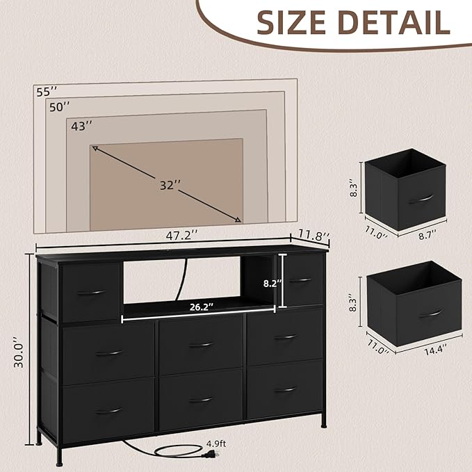 Somdot TV Stand for Bedroom, Dresser for Bedroom for 55 inch TV with Charging Station and LED Lights, Media Console Table with 8 Drawers, Open Shelf, Adjustable Feet,Living Room Furniture,Black