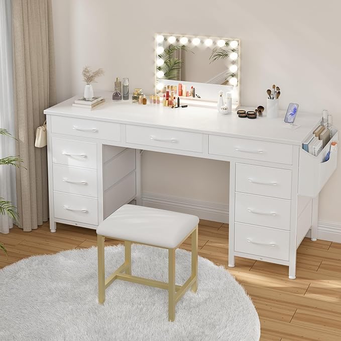 Lufeiya 47 Inch Computer Desk with 9 Drawers, Office Desk Work Desk for Home Office, Study, Writing, Vanity Desk with Fabric Drawers on Both Sides, Large Storage, White