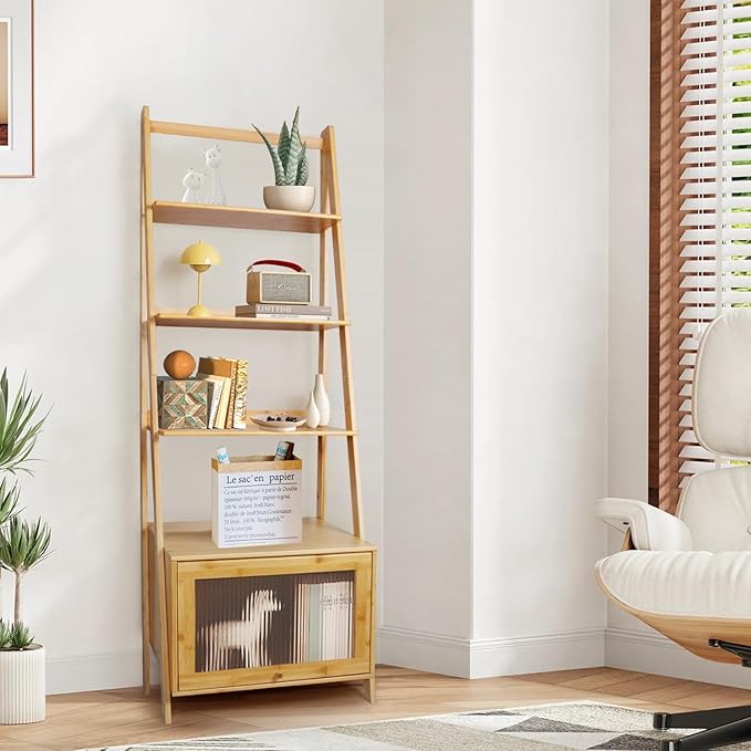 5-Tier Bamboo Ladder Bookshelf with Flip-Up Storage Cabinet - Large Capacity Mid Century Modern Bookcase, Space Saving Accent Furniture Open Display Rack Shelf for Bedroom Living Room Home Office