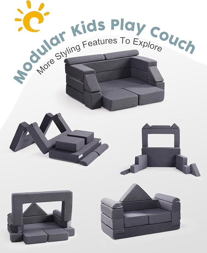 ROBUD Kids Couch, Gray Modular Kids Play Couch, DIY-Style & Washable Toddler Sofa for Playroom, Bedroom, Nursery, WG412