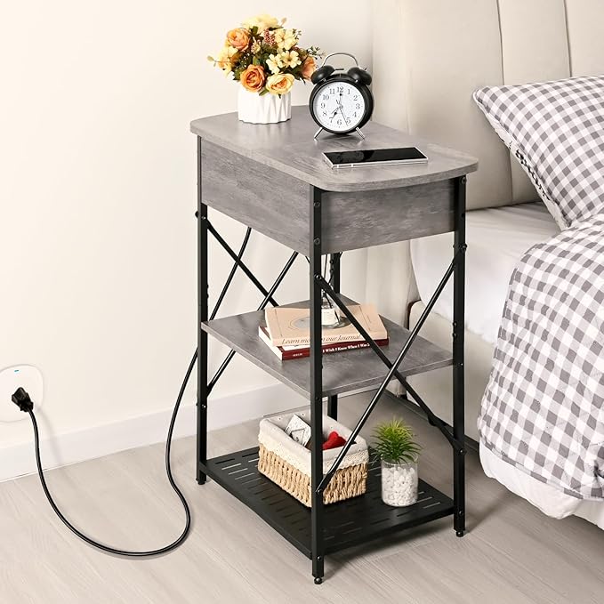 Narrow Side Table with Charging Station, End Tables Set of 2 for Small Spaces, Flip Top End Table with Storage, End Tables Living Room, Nightstand Set 2 with Drawer for Bedroom, Grey